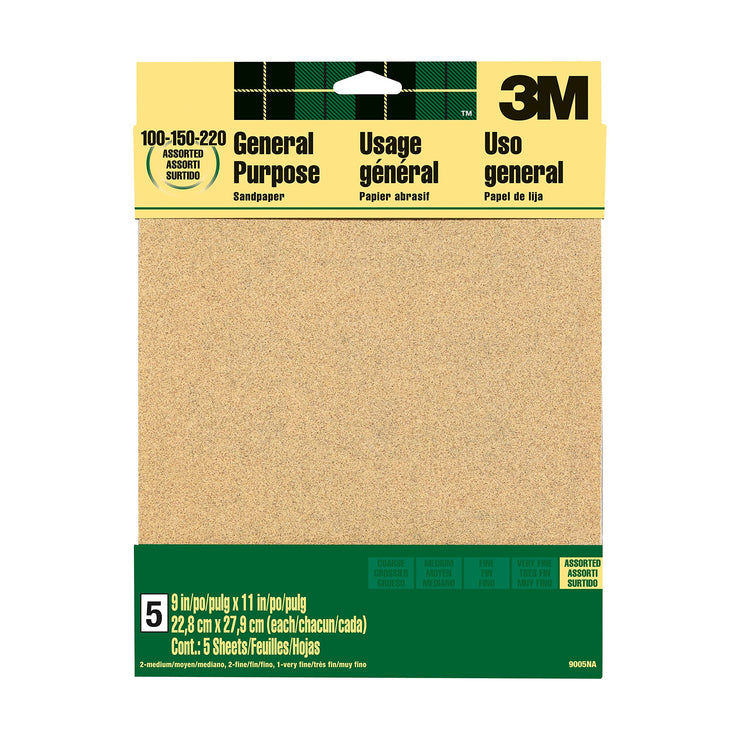 3M Aluminum Oxide Sandpaper Assorted Grit, 9005NA, 22.86 cm x 27.94 cm, 5 Sheets per Pack - For General Purpose Sanding on Paint, Wood and Metal