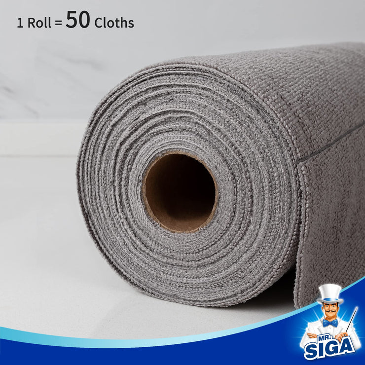 MR.SIGA Microfiber Cloths in Roll, Lint Free Cleaning Wipes, Value Pack Reusable Kitchen Towels, 50 Cleaning Cloths Per Roll, Gray