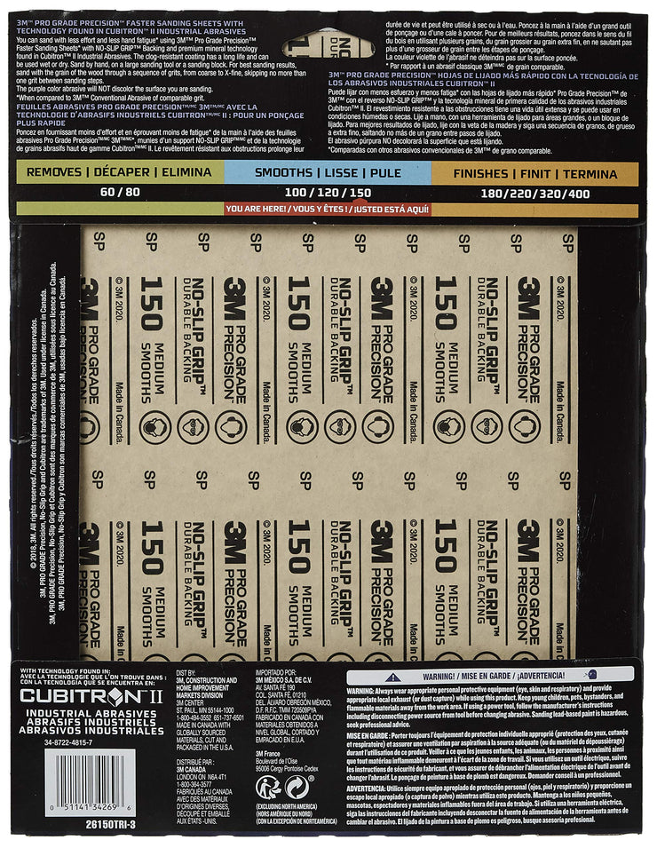3M Pro Grade Precision Faster Sanding Sanding Sheets 150 grit Medium, 26150TRI-3, 22.8 cm x 27.9 cm, 3/Pack