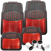 4Tress Revelation Car Floor Mat Set, Metallic Anti-Slip Universal Car Mats - Heavy Duty All Weather - Car Interior Accessory, Red Rubber 4 Mats set With 4 Tyre Valve Dust Caps