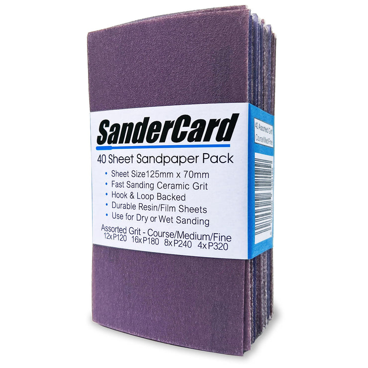 40 Assorted Grit Sandpaper Sheets 125mm x 70mm | Fast Sanding Ceramic Grit | Hook & Loop | Fits Sanding Blocks | Sand Wood, Paint & Metal | Dry or Wet | Fine, Med & Course Grits P120/ P180/ P240/ P320