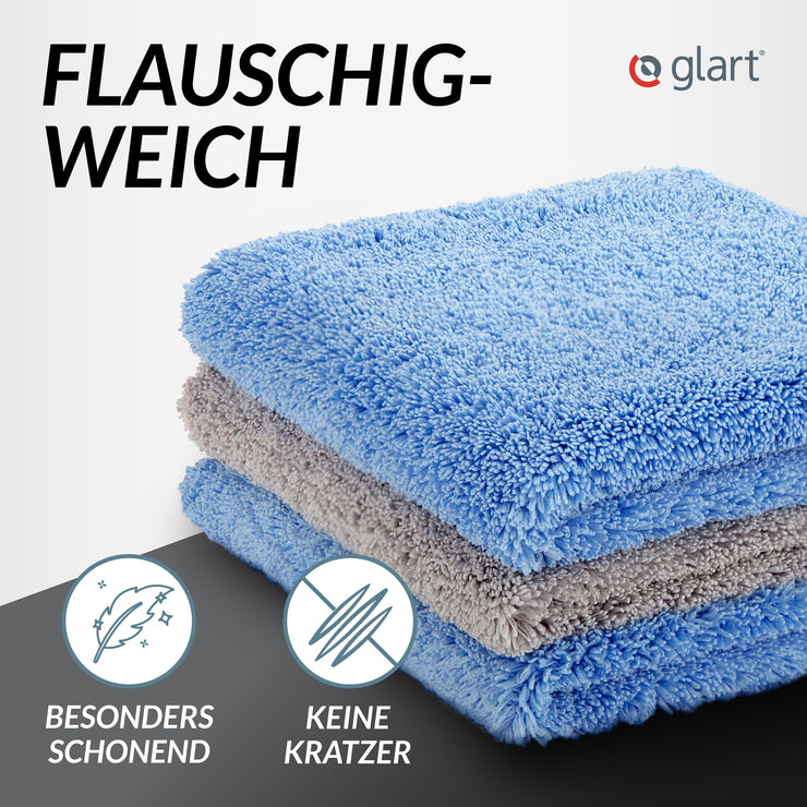 Glart 432S 3-Piece Set Fever Fluffy Double-Sided Polishing Cloths for Cars, Motorbikes and Polishing Machines, Detailing Microfibre Polishing Cloth Set, Absorbent 40 x 40 cm, Blue/Grey