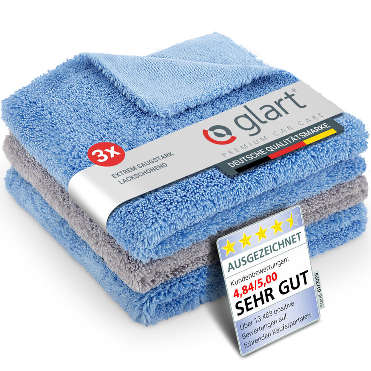 Glart 432S 3-Piece Set Fever Fluffy Double-Sided Polishing Cloths for Cars, Motorbikes and Polishing Machines, Detailing Microfibre Polishing Cloth Set, Absorbent 40 x 40 cm, Blue/Grey