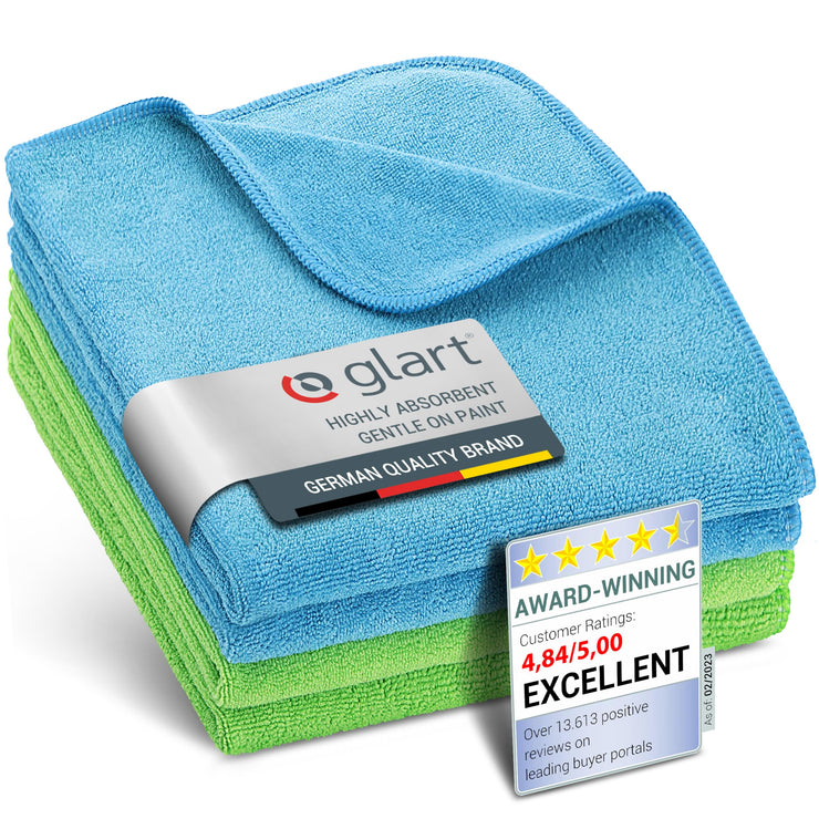 Glart 4448 Set of 4 super soft car microfibre cloths car car care household microfibre cloths 2 pcs blue 40x40 cm, 2 pcs green 40 x 40 cm, microfibre cloth washing set also for window cleaners