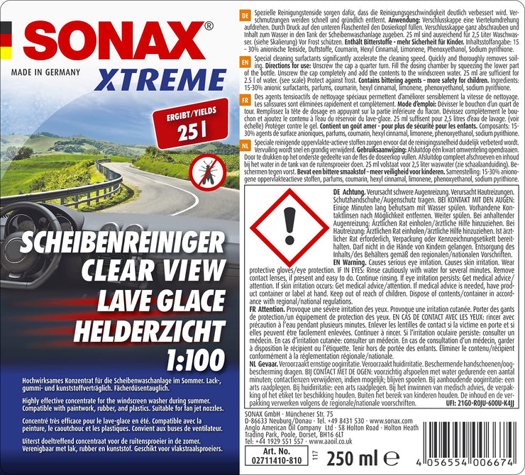 XTREME Clear View 1:100 (250 ml) - Highly effective concentrate for the windscreen washer during summer. Compatible with paintwork, rubber and plastics. | Item-No. 02711410-810