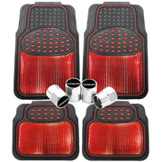 4Tress Revelation Car Floor Mat Set, Metallic Anti-Slip Universal Car Mats - Heavy Duty All Weather - Car Interior Accessory, Red Rubber 4 Mats set With 4 Tyre Valve Dust Caps