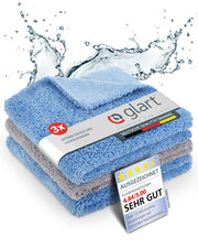 Glart 432S 3-Piece Set Fever Fluffy Double-Sided Polishing Cloths for Cars, Motorbikes and Polishing Machines, Detailing Microfibre Polishing Cloth Set, Absorbent 40 x 40 cm, Blue/Grey