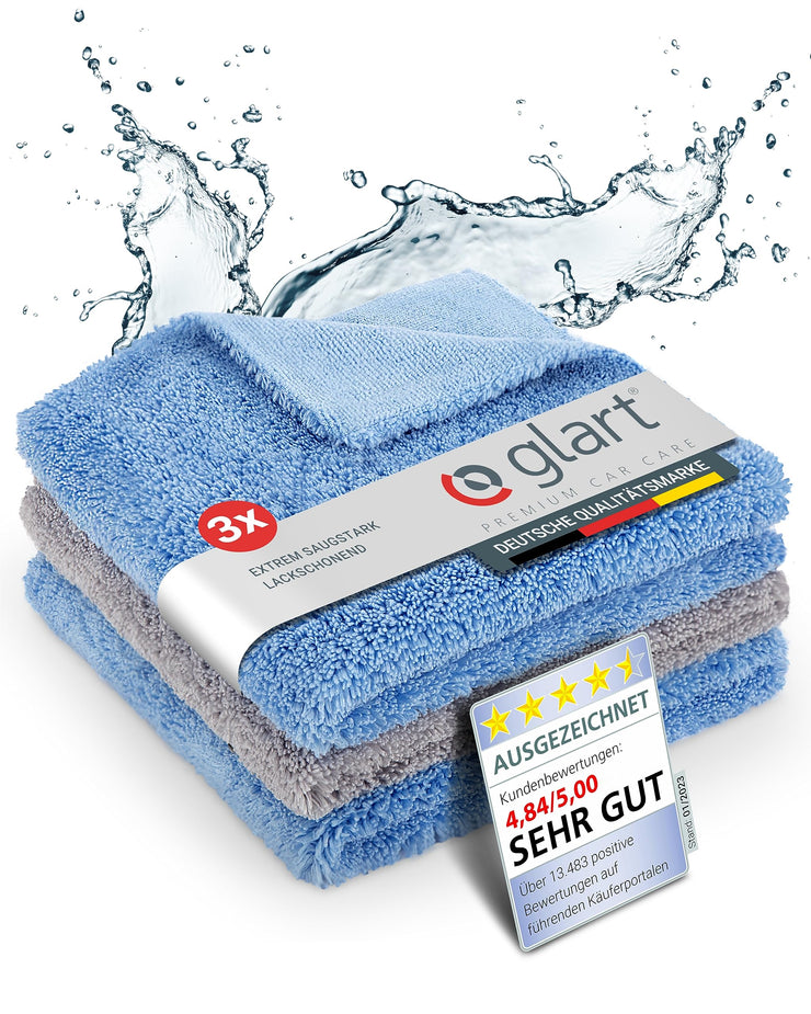 Glart 432S 3-Piece Set Fever Fluffy Double-Sided Polishing Cloths for Cars, Motorbikes and Polishing Machines, Detailing Microfibre Polishing Cloth Set, Absorbent 40 x 40 cm, Blue/Grey